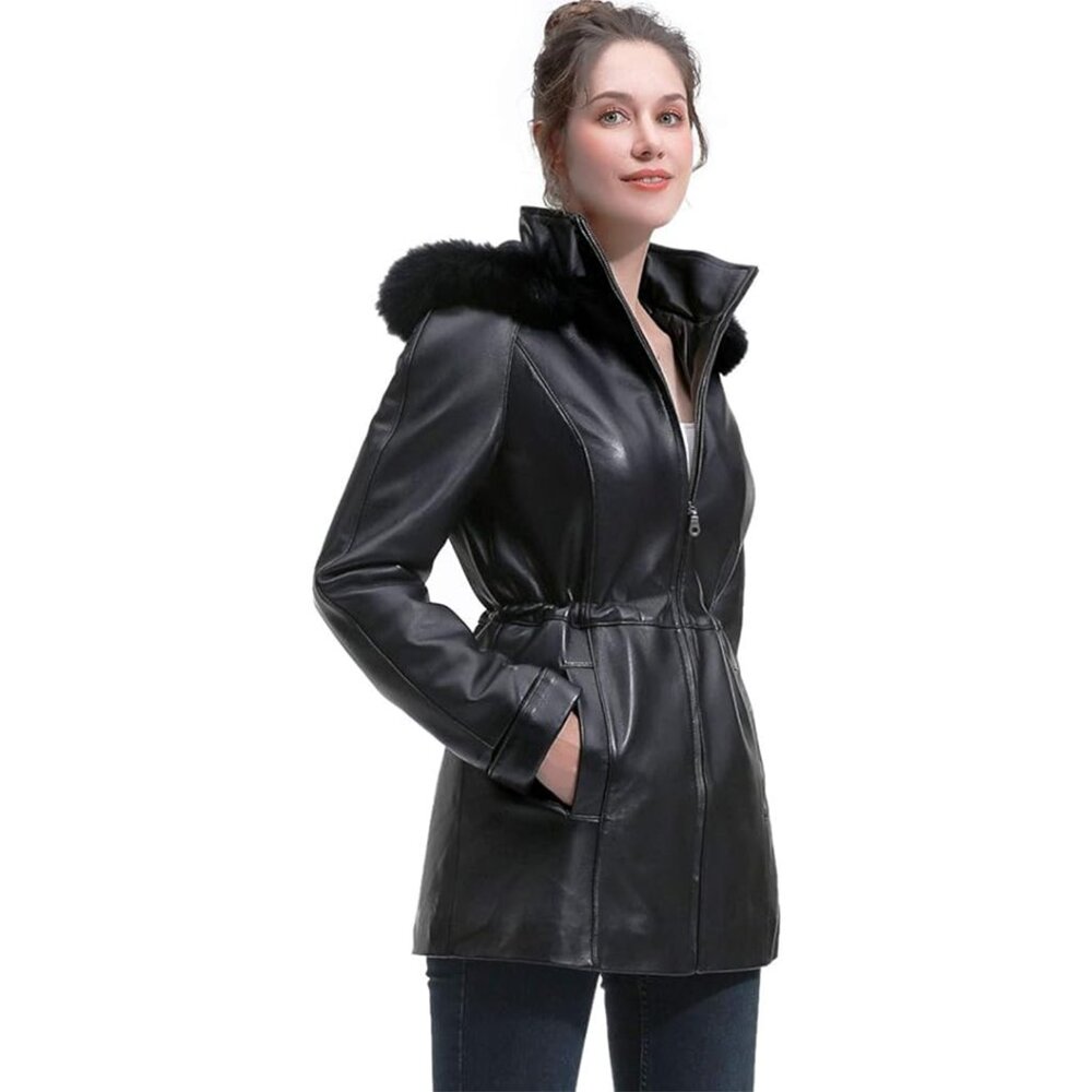 Vintage Woman's Black Leather lined coat Parka faux Fur detachable Hood - M
